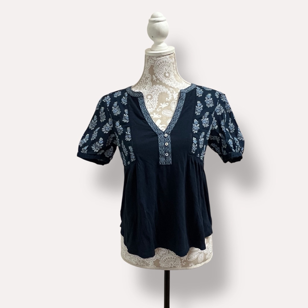 Lucky Brand Boho Peasant Top Navy Blue Floral Short Sleeve V Neck Women S/P - Picture 13 of 13